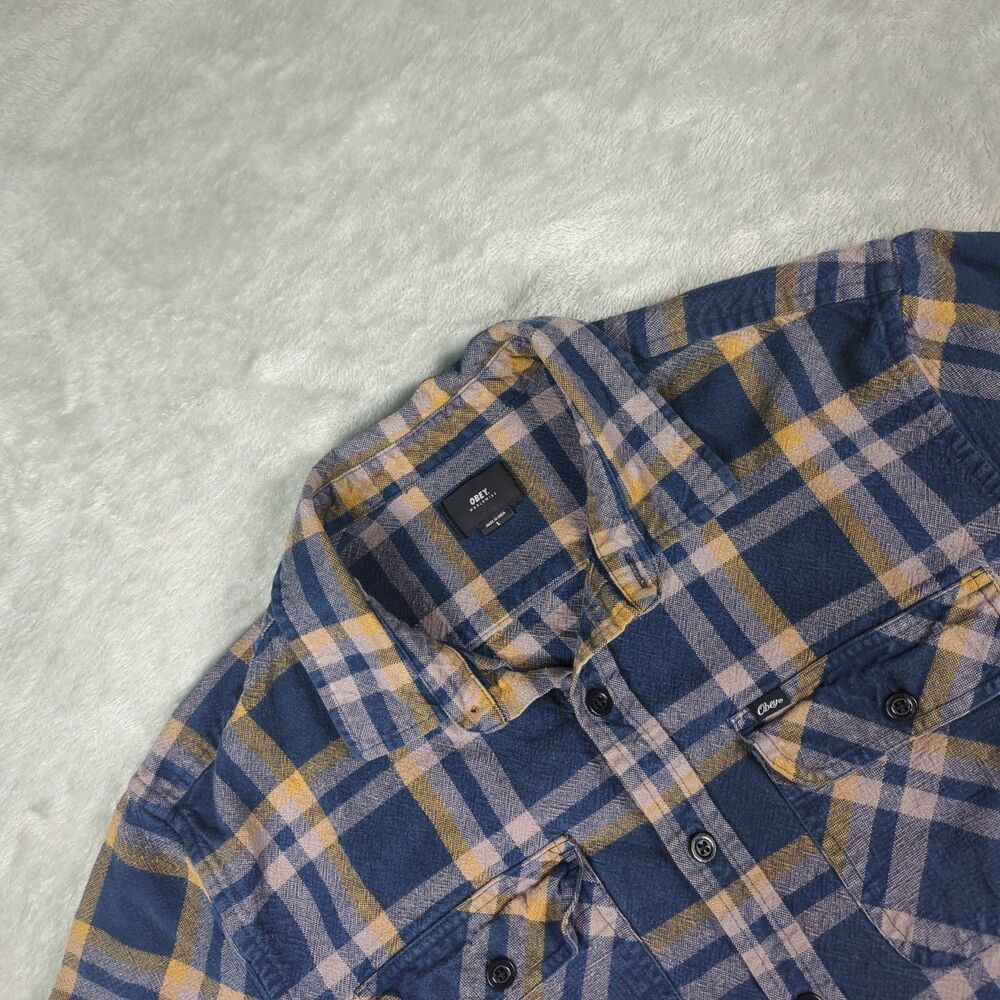 Obey Worldwide Plaid Flannel Shirt Mens L Blue Yellow Button Up